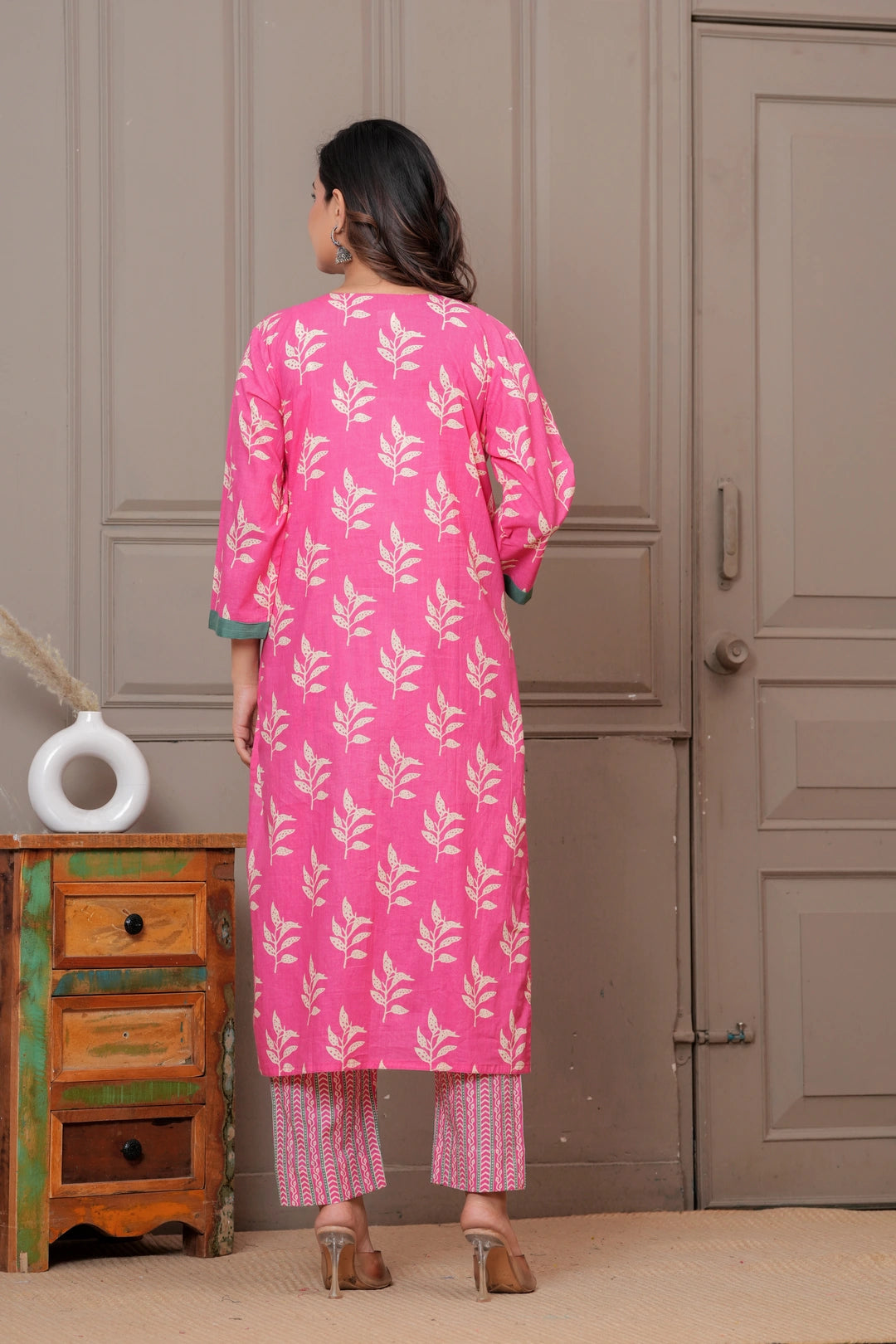 Pink Sanganeri Buti Print Cotton Kurta Pant Set with Mulmul Dupatta
