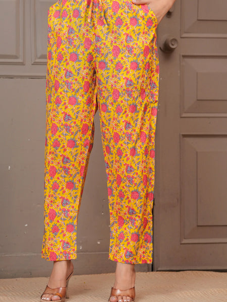 Yellow Floral Print Cotton Co-ord Set for Women