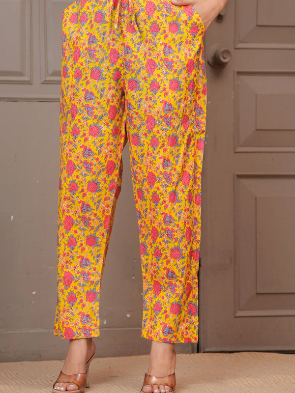 Yellow Floral Print Cotton Co-ord Set for Women