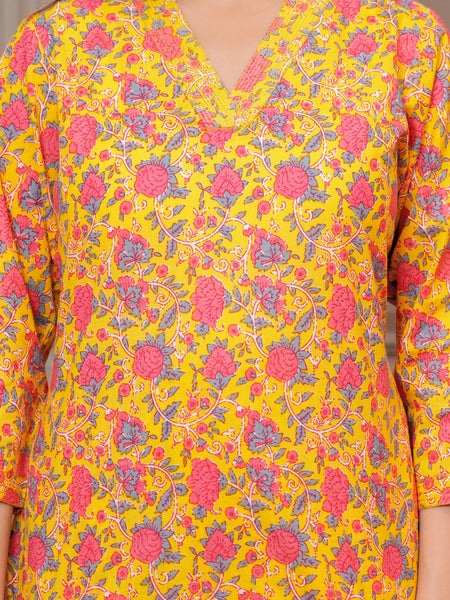 Yellow Floral Print Cotton Co-ord Set for Women