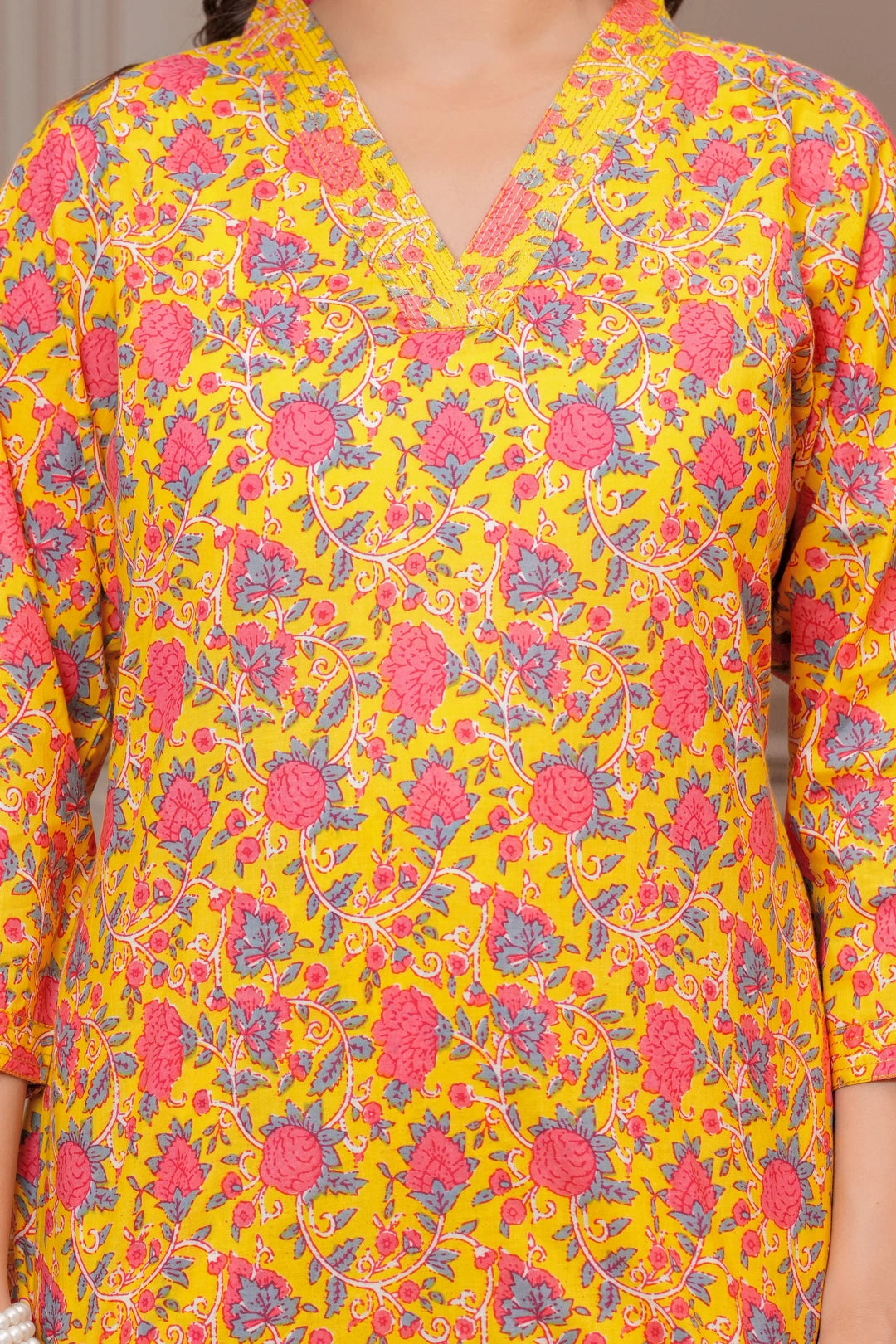 Yellow Floral Print Cotton Co-ord Set for Women