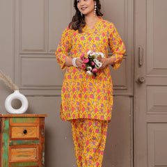 Yellow Floral Print Cotton Co-ord Set for Women