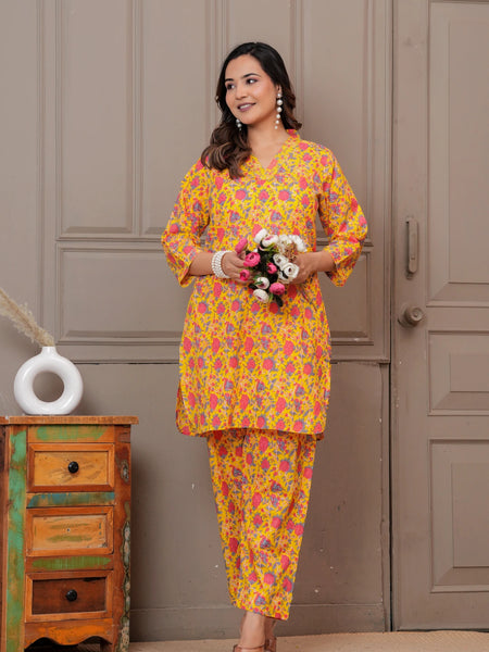 Yellow Floral Print Cotton Co-ord Set for Women