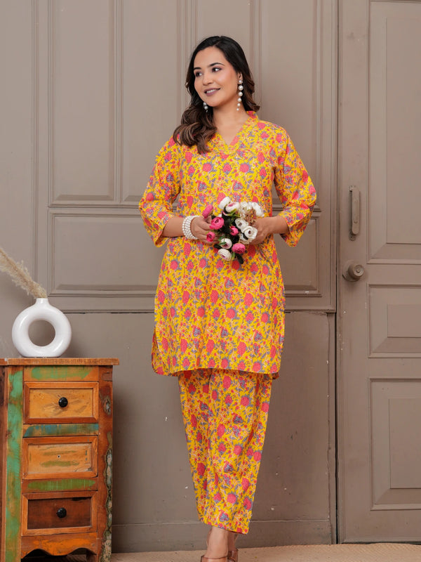 Yellow Floral Print Cotton Co-ord Set for Women