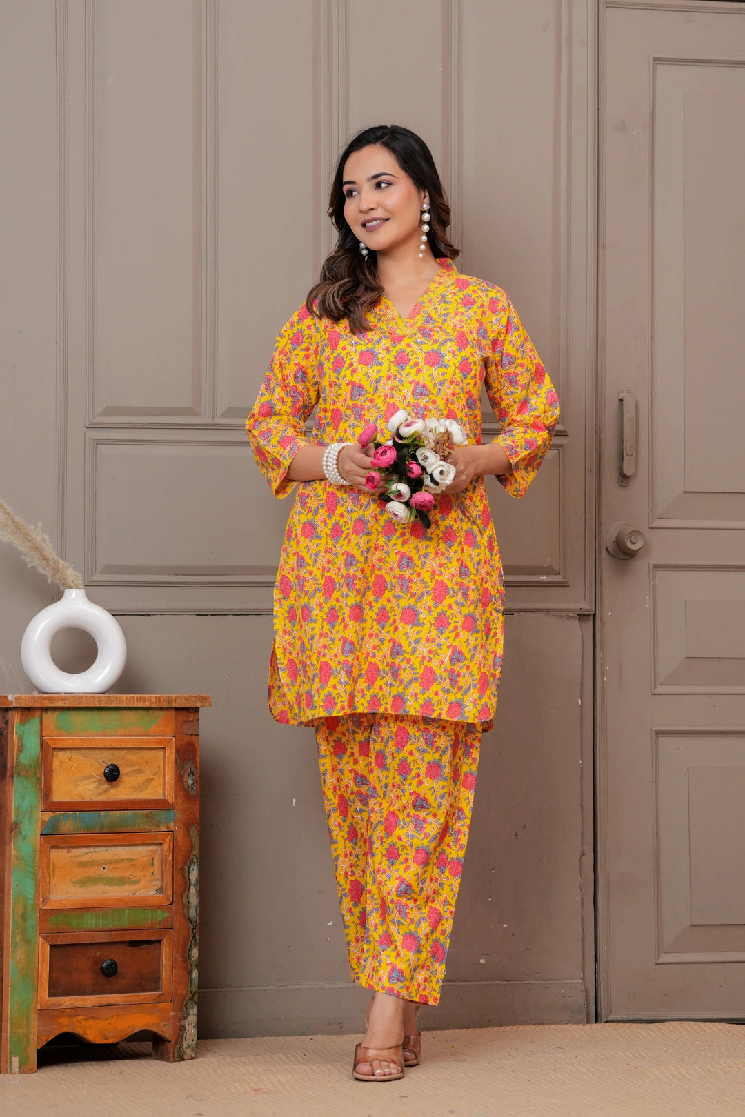 Yellow Floral Print Cotton Co-ord Set for Women