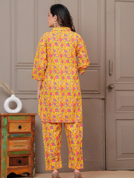 Yellow Floral Print Cotton Co-ord Set for Women