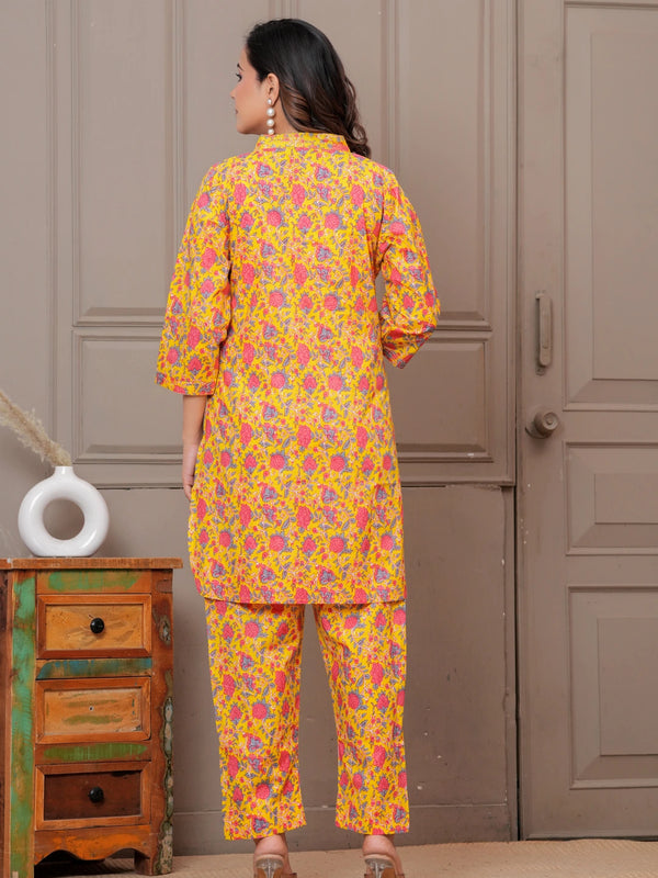 Yellow Floral Print Cotton Co-ord Set for Women