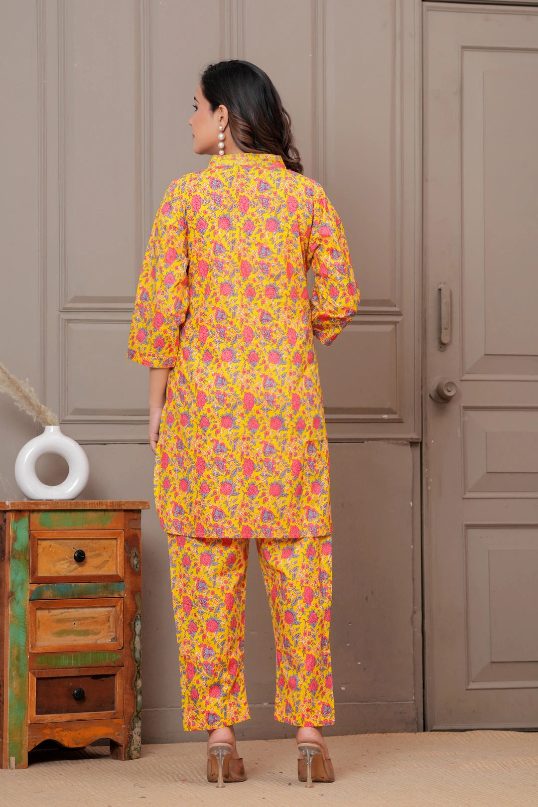 Yellow Floral Print Cotton Co-ord Set for Women