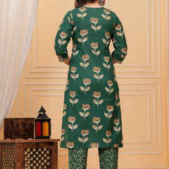 Dark Green Pakistani Print Cotton Kurta Pant Set with Mulmul Dupatta
