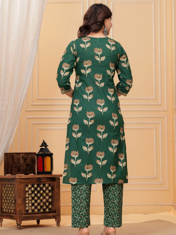 Dark Green Pakistani Print Cotton Kurta Pant Set with Mulmul Dupatta