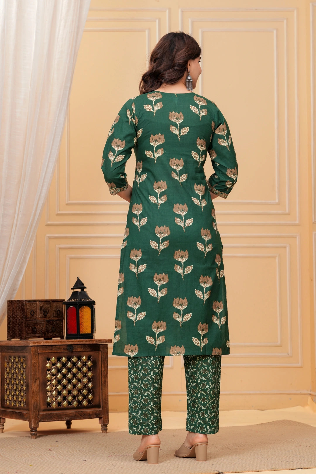 Dark Green Pakistani Print Cotton Kurta Pant Set with Mulmul Dupatta