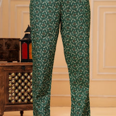 Dark Green Pakistani Print Cotton Kurta Pant Set with Mulmul Dupatta