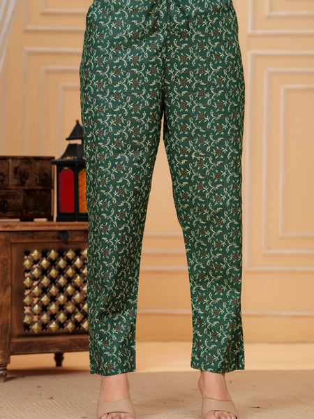 Dark Green Pakistani Print Cotton Kurta Pant Set with Mulmul Dupatta