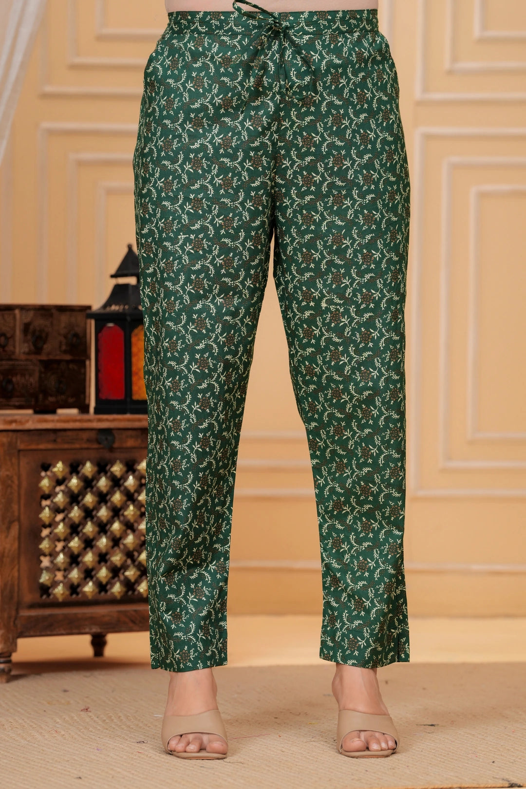 Dark Green Pakistani Print Cotton Kurta Pant Set with Mulmul Dupatta