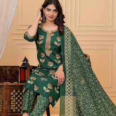 Dark Green Pakistani Print Cotton Kurta Pant Set with Mulmul Dupatta