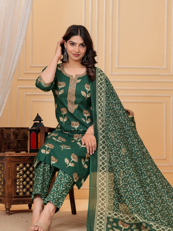 Dark Green Pakistani Print Cotton Kurta Pant Set with Mulmul Dupatta