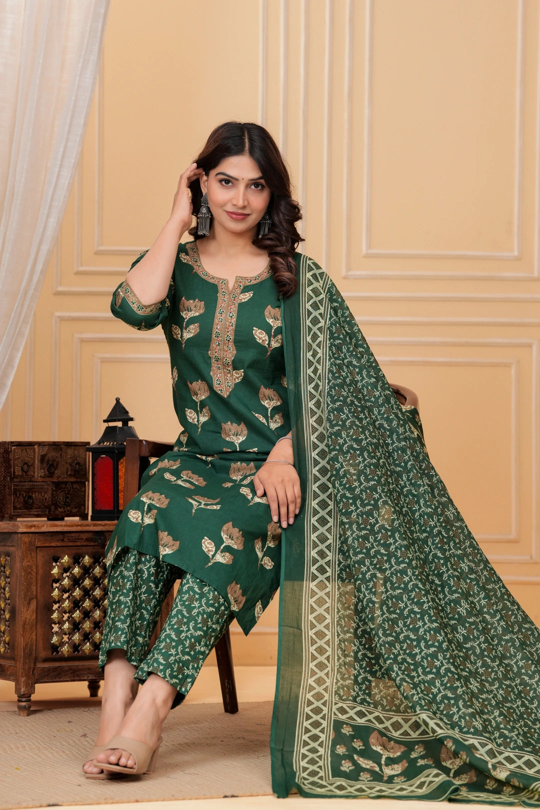 Dark Green Pakistani Print Cotton Kurta Pant Set with Mulmul Dupatta