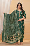 Dark Green Handblock Printed Cotton Kurta Set with Dupatta