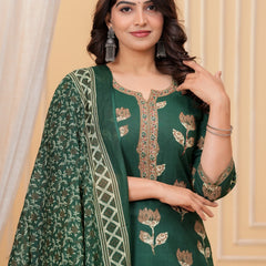 Dark Green Pakistani Print Cotton Kurta Pant Set with Mulmul Dupatta