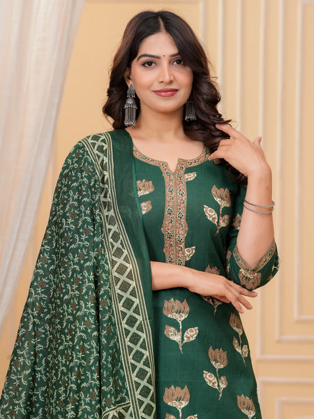 Dark Green Pakistani Print Cotton Kurta Pant Set with Mulmul Dupatta