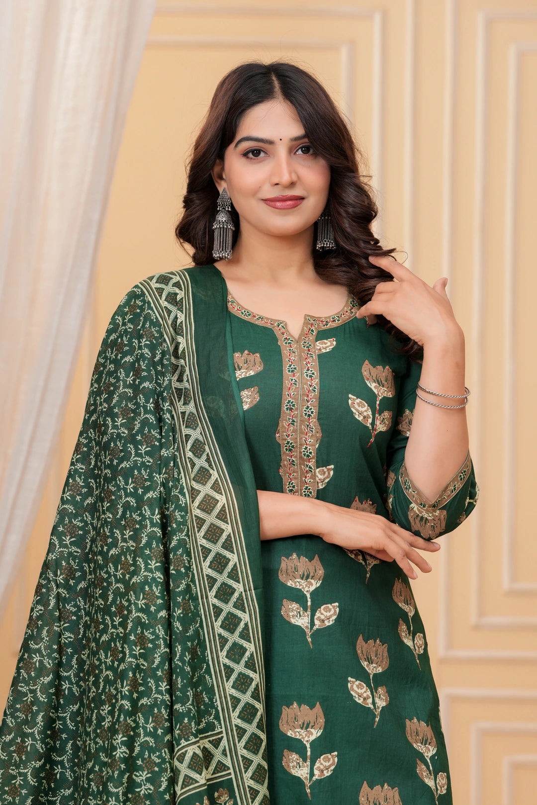 Dark Green Pakistani Print Cotton Kurta Pant Set with Mulmul Dupatta