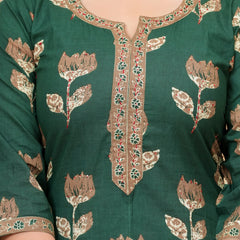 Dark Green Pakistani Print Cotton Kurta Pant Set with Mulmul Dupatta