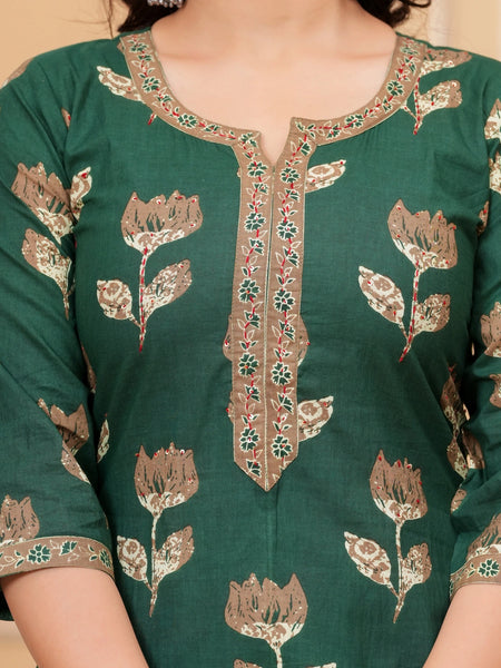 Dark Green Pakistani Print Cotton Kurta Pant Set with Mulmul Dupatta