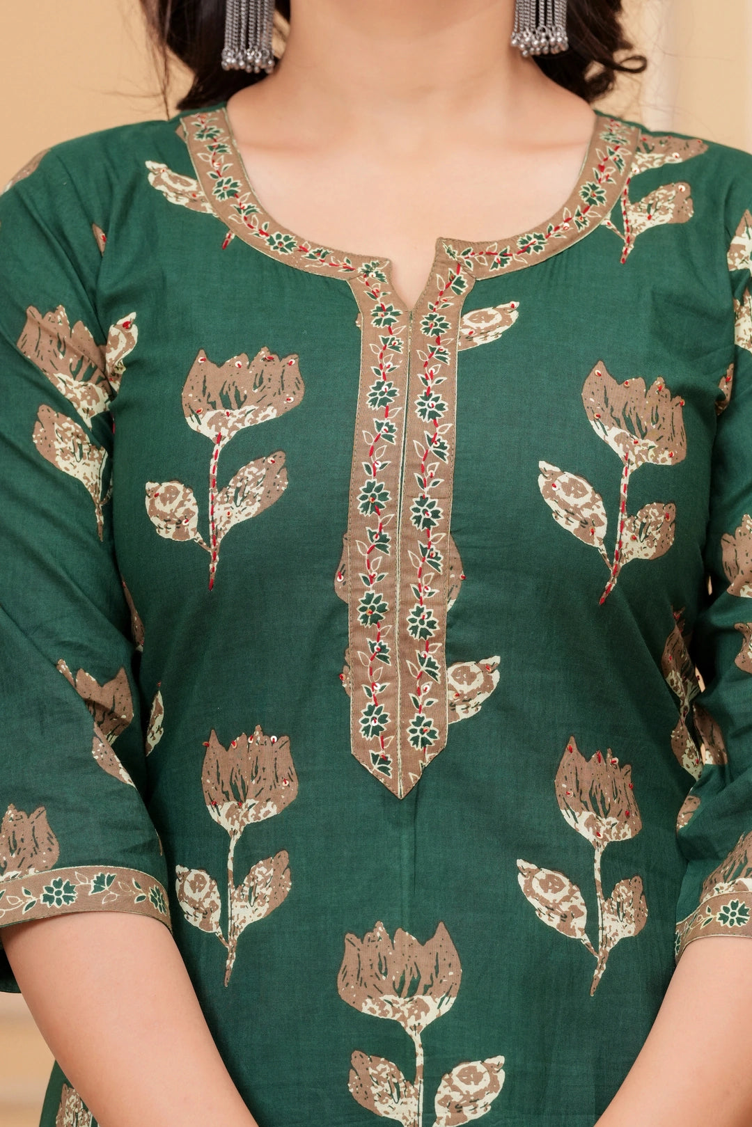 Dark Green Pakistani Print Cotton Kurta Pant Set with Mulmul Dupatta