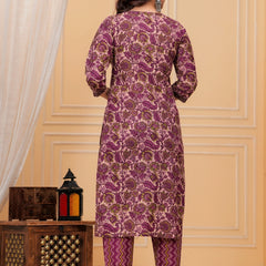 Magenta Ajrakh Jali Print Cotton Kurta Pant Set with Leheriya Dupatta