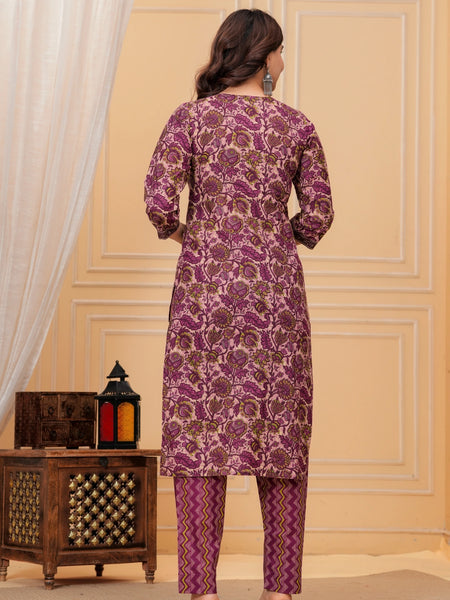 Magenta Ajrakh Jali Print Cotton Kurta Pant Set with Leheriya Dupatta