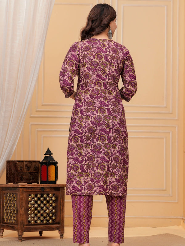 Magenta Ajrakh Jali Print Cotton Kurta Pant Set with Leheriya Dupatta
