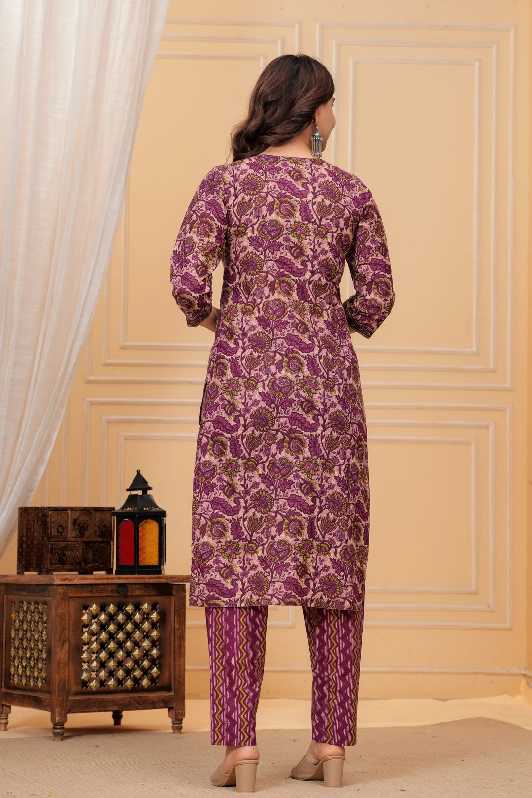 Magenta Ajrakh Jali Print Cotton Kurta Pant Set with Leheriya Dupatta