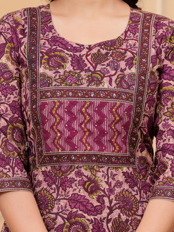 Magenta Ajrakh Jali Print Cotton Kurta Pant Set with Leheriya Dupatta
