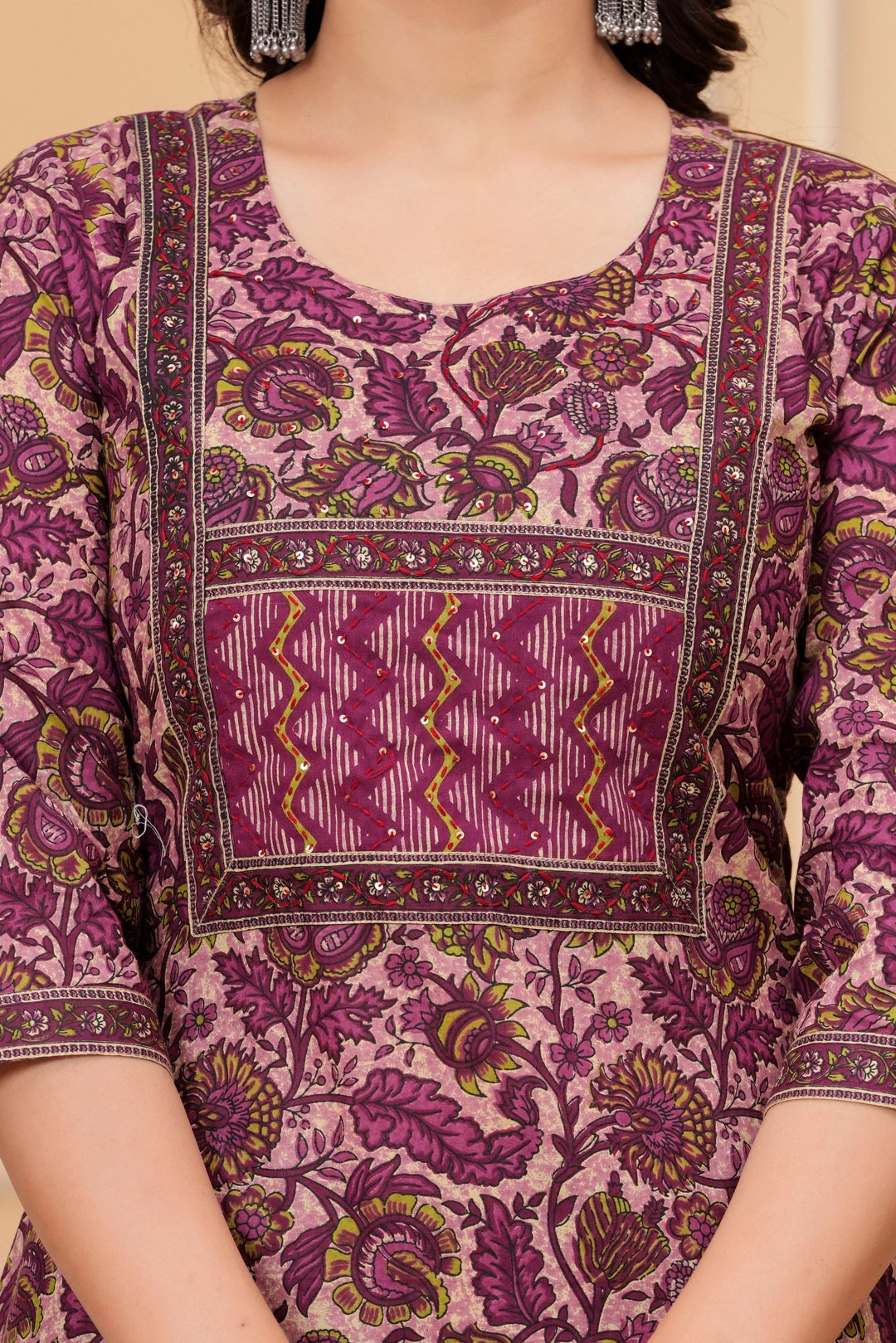 Magenta Ajrakh Jali Print Cotton Kurta Pant Set with Leheriya Dupatta