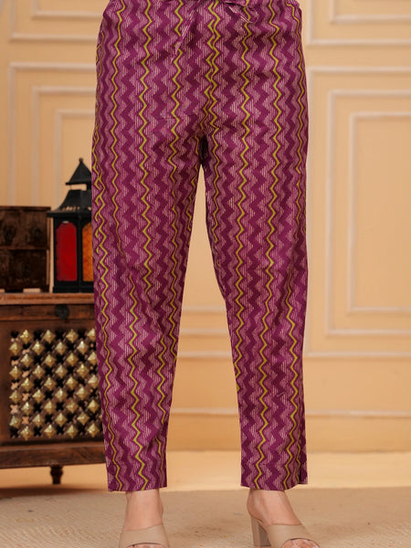 Magenta Ajrakh Jali Print Cotton Kurta Pant Set with Leheriya Dupatta