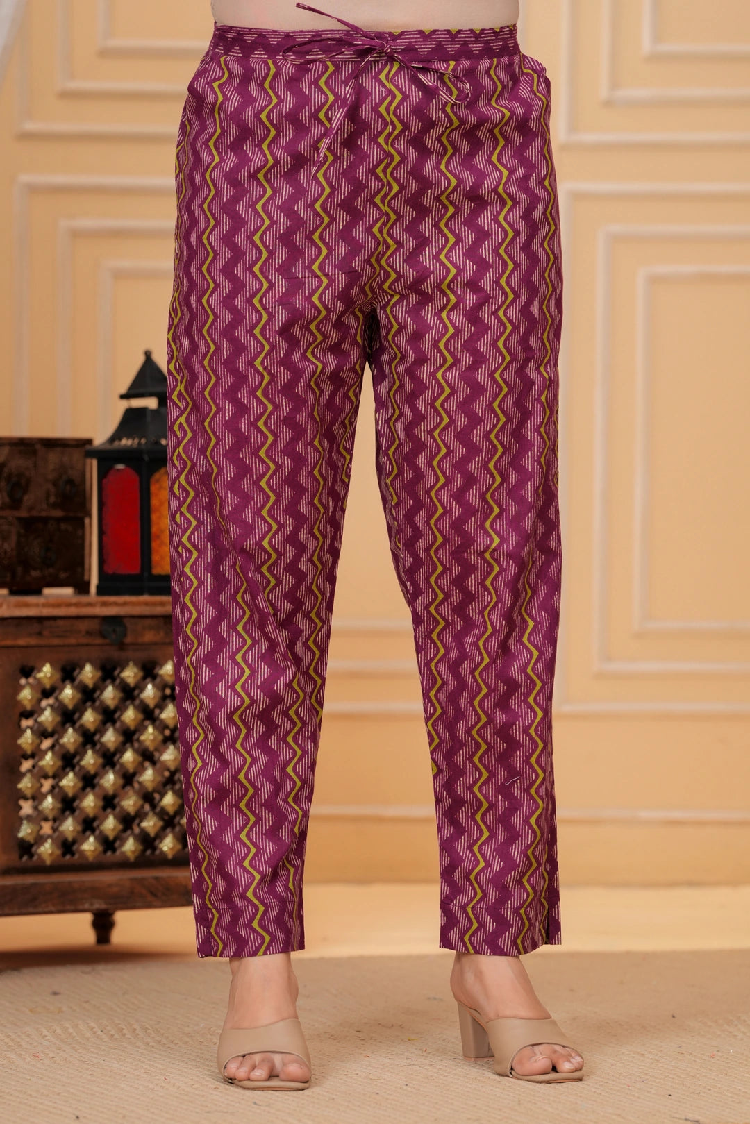 Magenta Ajrakh Jali Print Cotton Kurta Pant Set with Leheriya Dupatta