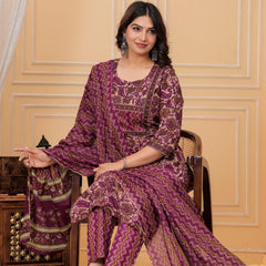 Magenta Ajrakh Jali Print Cotton Kurta Pant Set with Leheriya Dupatta