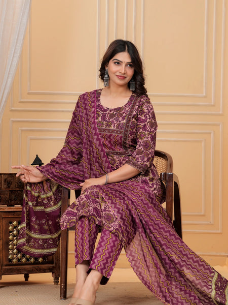 Magenta Ajrakh Jali Print Cotton Kurta Pant Set with Leheriya Dupatta