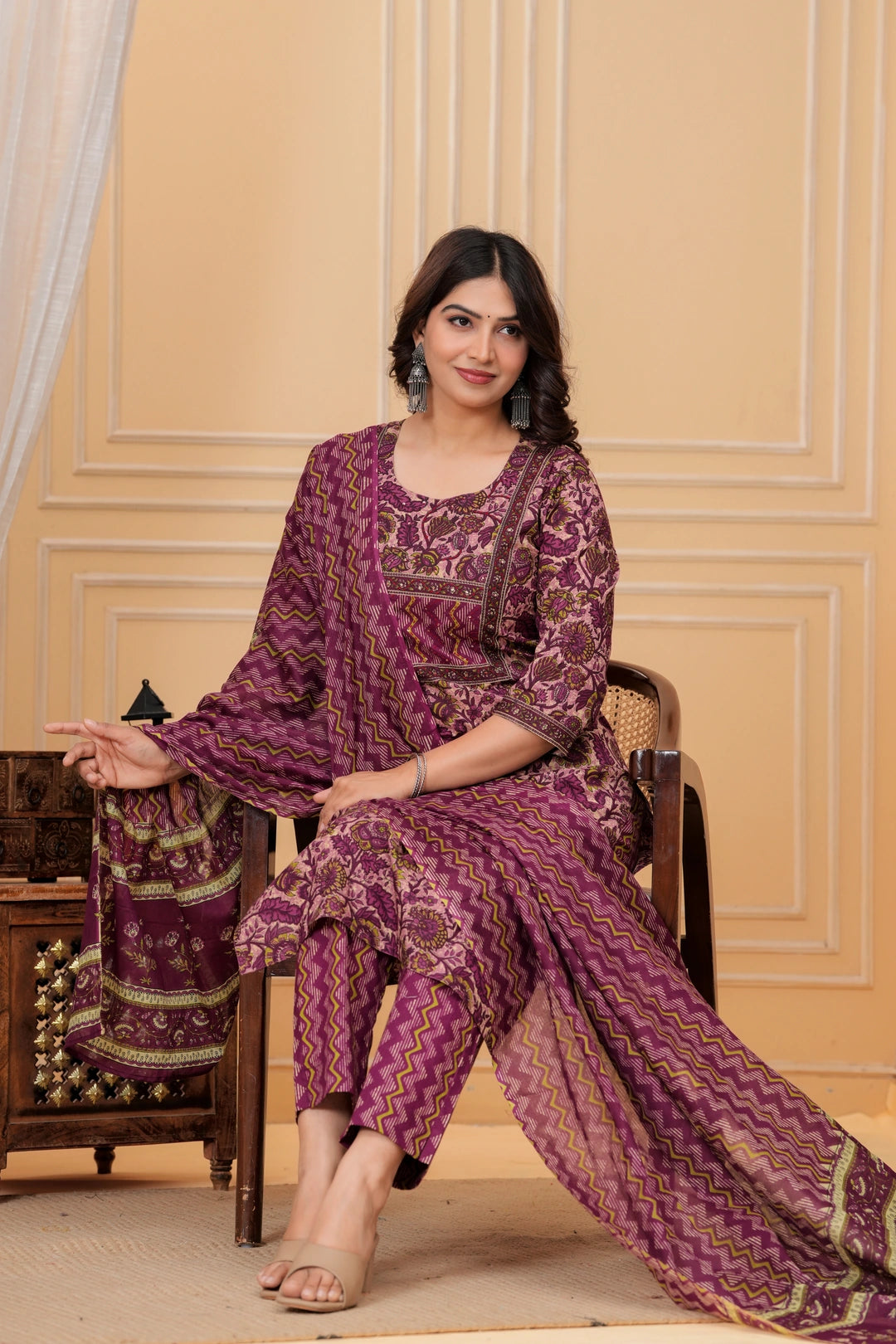 Magenta Ajrakh Jali Print Cotton Kurta Pant Set with Leheriya Dupatta