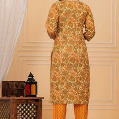 Mustard Floral Print Cotton Kurta with Leheriya Print Pants