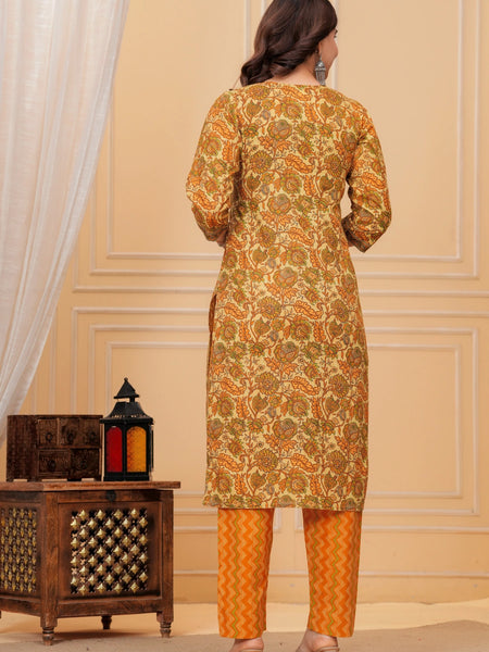 Mustard Floral Print Cotton Kurta with Leheriya Print Pants