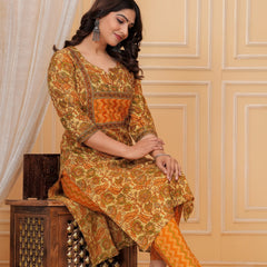 Mustard Floral Print Cotton Kurta with Leheriya Print Pants