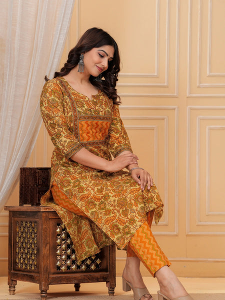 Mustard Floral Print Cotton Kurta with Leheriya Print Pants