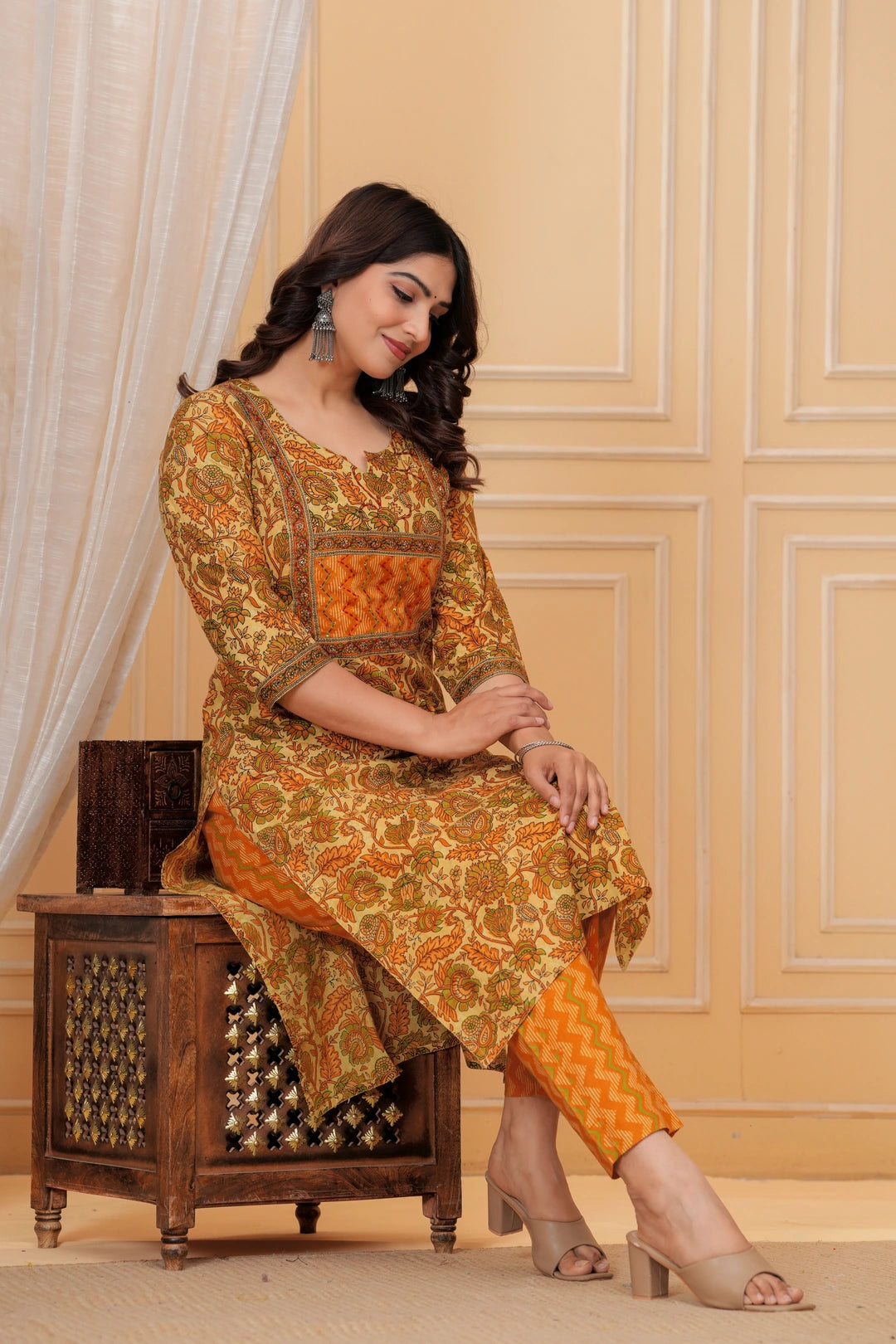 Mustard Floral Print Cotton Kurta with Leheriya Print Pants