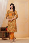 Mustard Handblock Printed Cotton Kurta with Pant Set - Doriya Jaipur