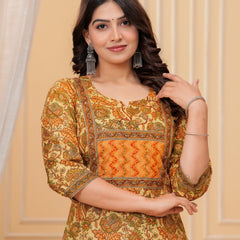 Mustard Floral Print Cotton Kurta with Leheriya Print Pants