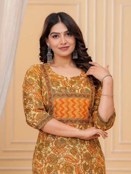 Mustard Floral Print Cotton Kurta with Leheriya Print Pants