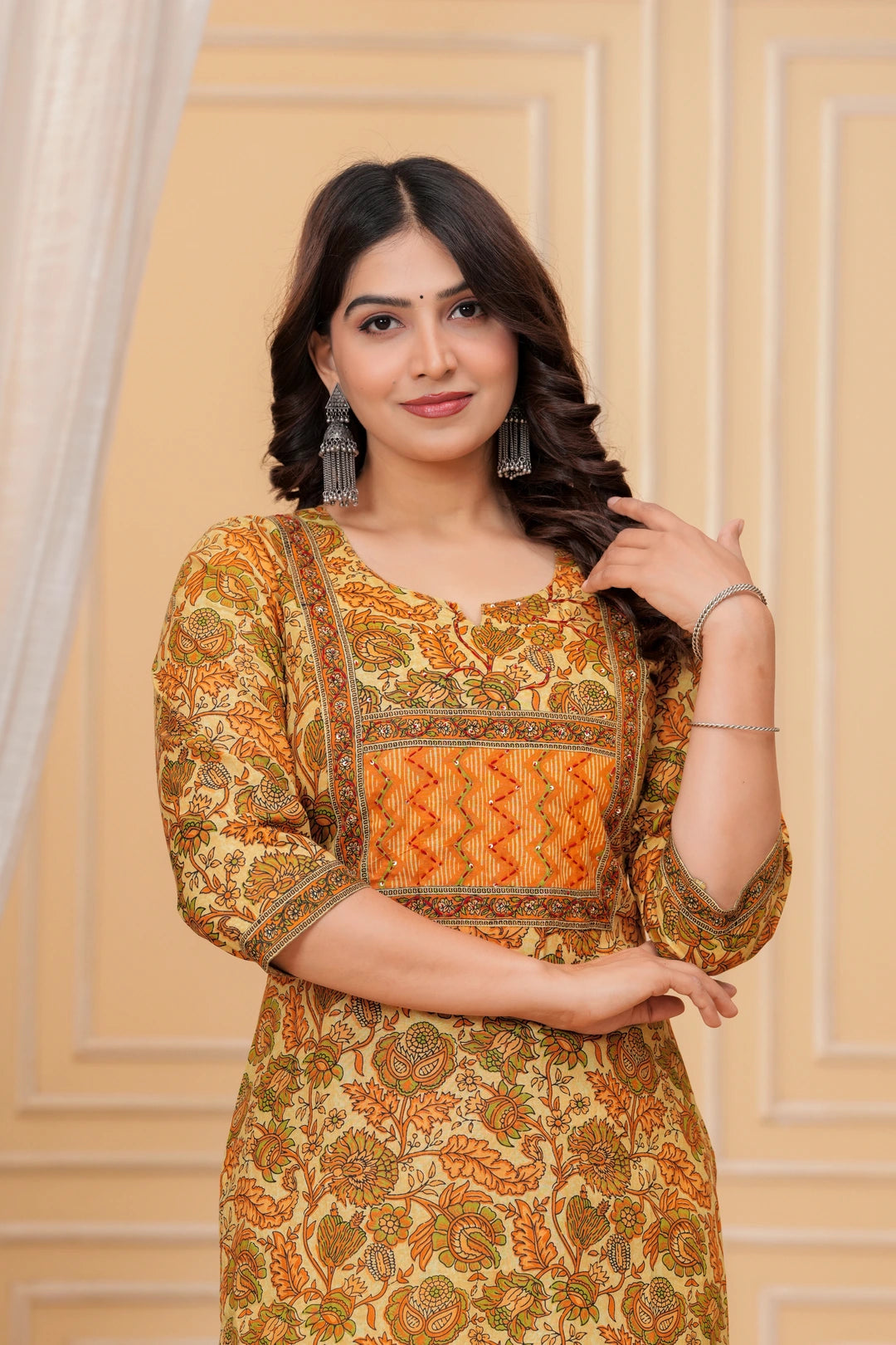 Mustard Floral Print Cotton Kurta with Leheriya Print Pants