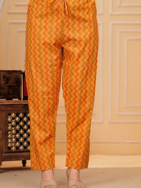 Mustard Floral Print Cotton Kurta with Leheriya Print Pants