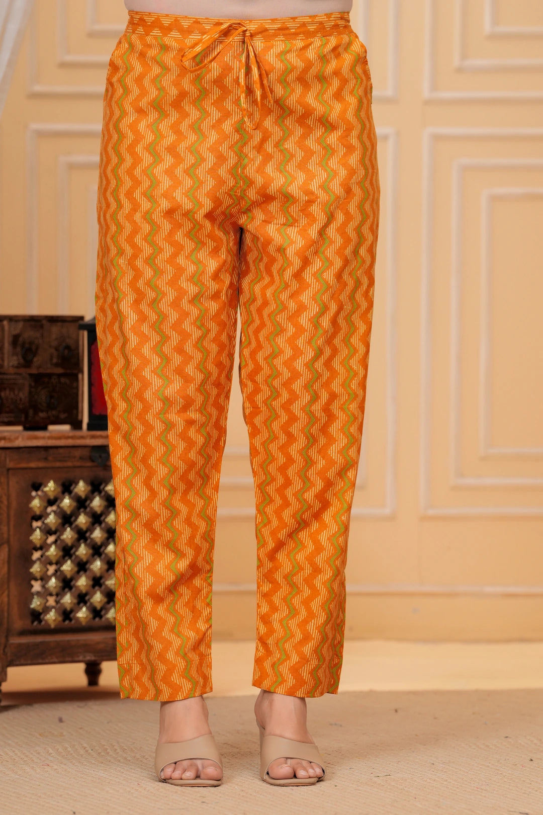 Mustard Floral Print Cotton Kurta with Leheriya Print Pants